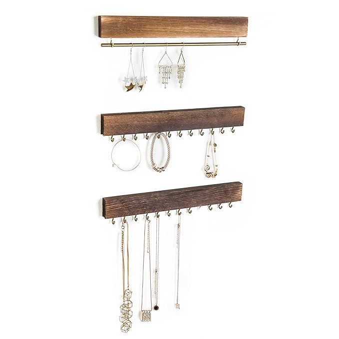 MyGift Set of 3 Rustic Wood & Gold Tone Metal Jewelry Organizers/Necklace & Bracelet Hook Racks/E... | Amazon (US)