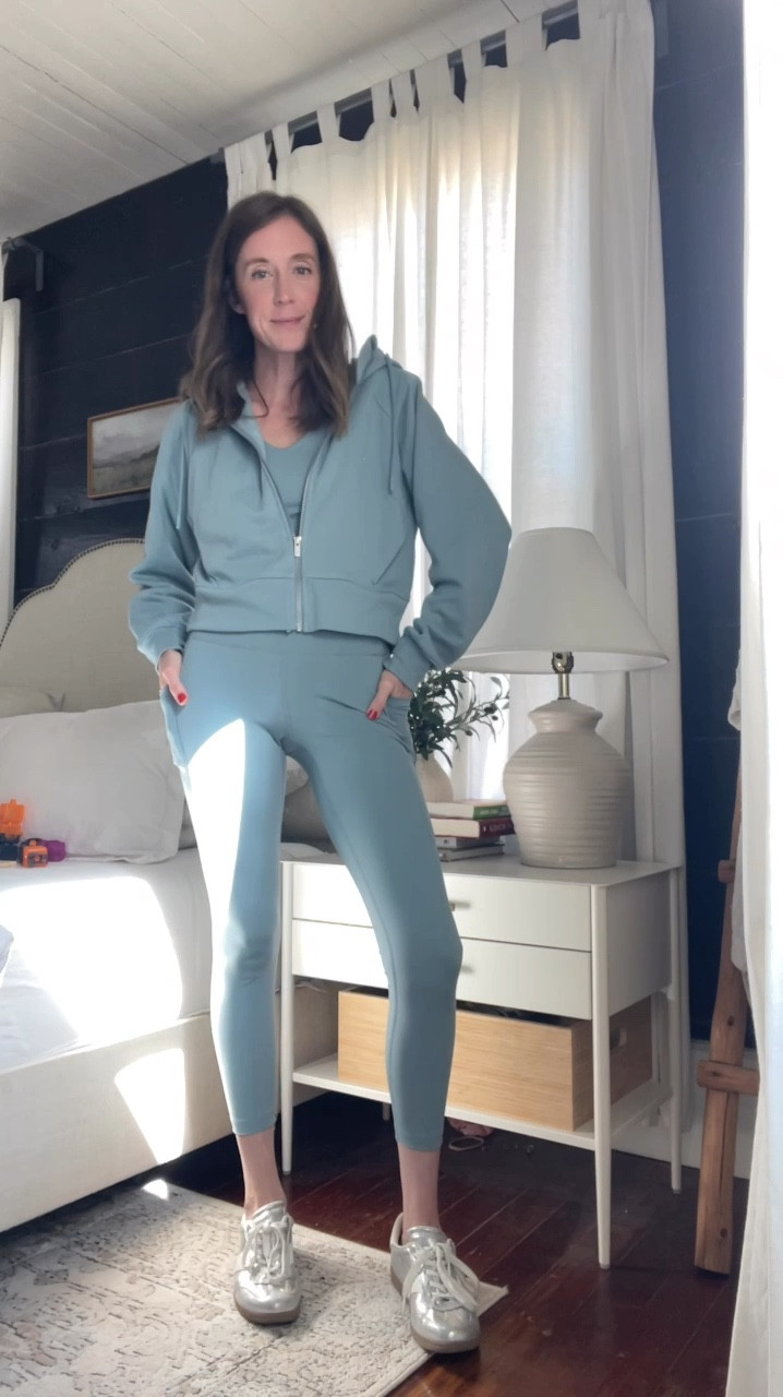 The coziest little set! The quality is 10/10 and the comfort is so good! 
I’m wearing a medium is all pieces. I could have taken a small in the top  
The color is called steel blue. 

#LTKActive #LTKSaleAlert #LTKOver40