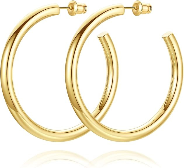 14K Gold Plated Hoop Earrings for Women Chunky Hoop Earrings for Women Thick Lightweight Earrings... | Amazon (US)