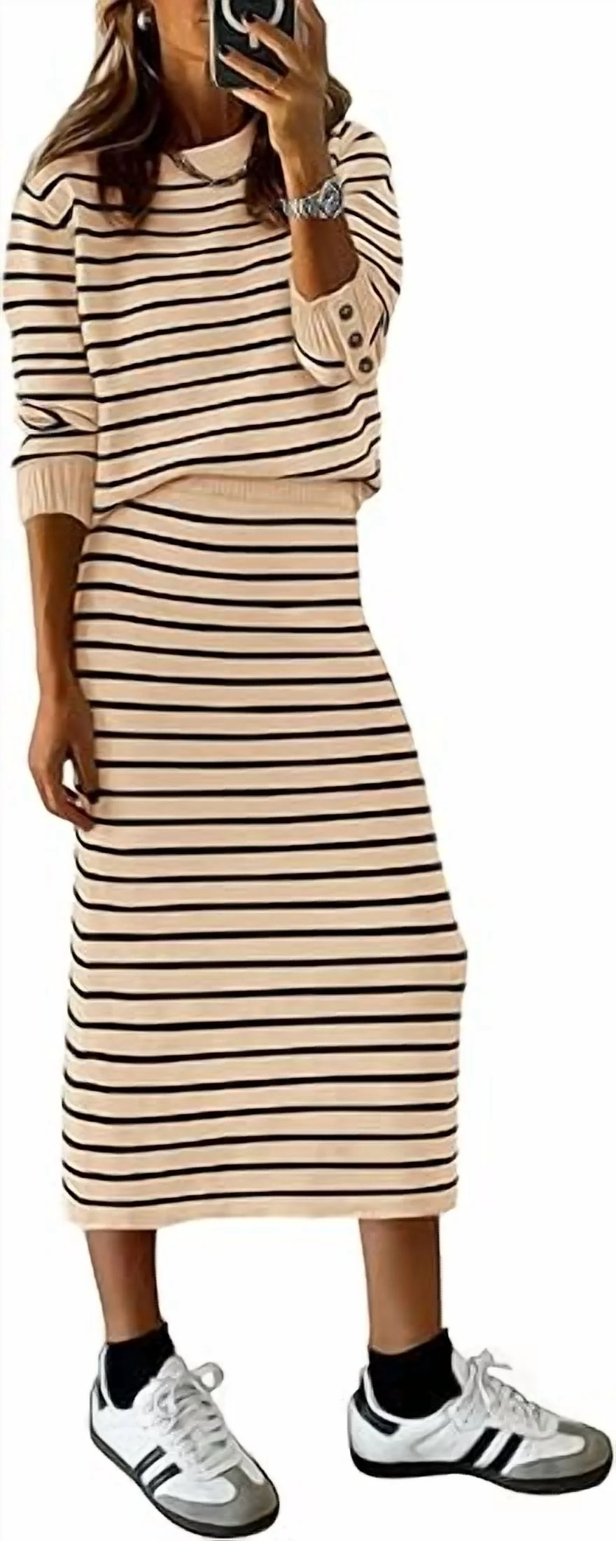 PRETTYGARDEN Women's 2 Piece Sets Lounge Striped Sweater Fall Casual Long Sleeve Knit Midi Skirts... | Walmart (US)
