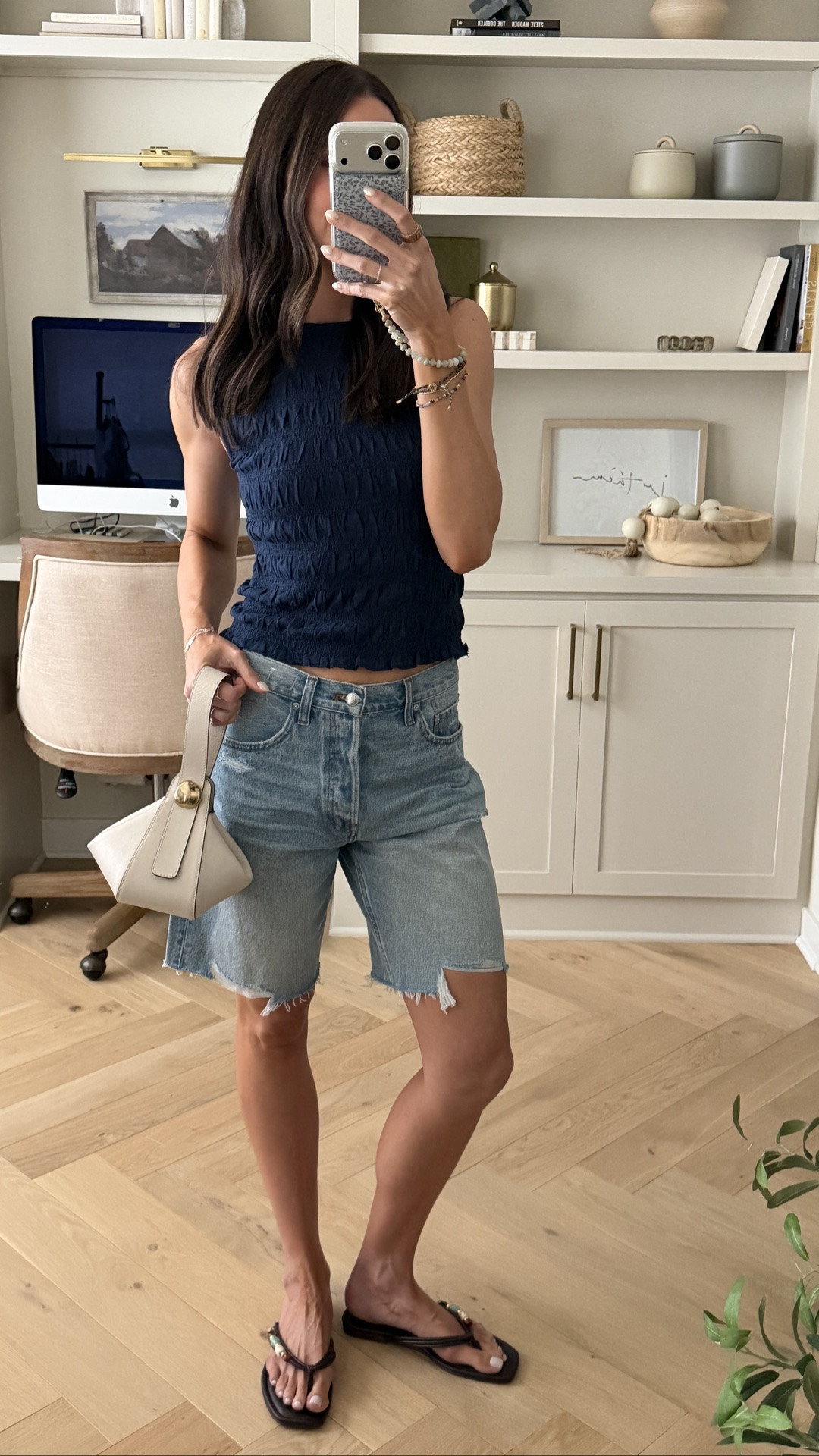 Madewell sale! 20% off w code LTK20 through Monday 💙 
Smocked tank: sized down to XS, runs a little big and is stretchy 
Long denim shorts: tts (26) relaxed fit 
Flip flops (Target!): tts and comfy 👏🏼

#LTKxMadewell #LTKootd #LTKSaleAlert