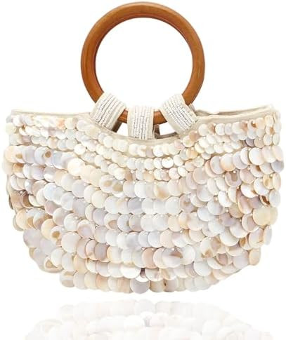 Miuco Shell Purse For Women Handmade Seashell Beaded Clutch Beach Wooden Top Handle Bag | Amazon (US)