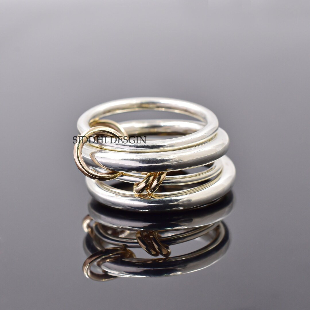 14K Solid Yellow Gold Jumps, Silver Multi-band Ring, and Plain Silver Connector Link Band Ring. -... | Etsy (US)