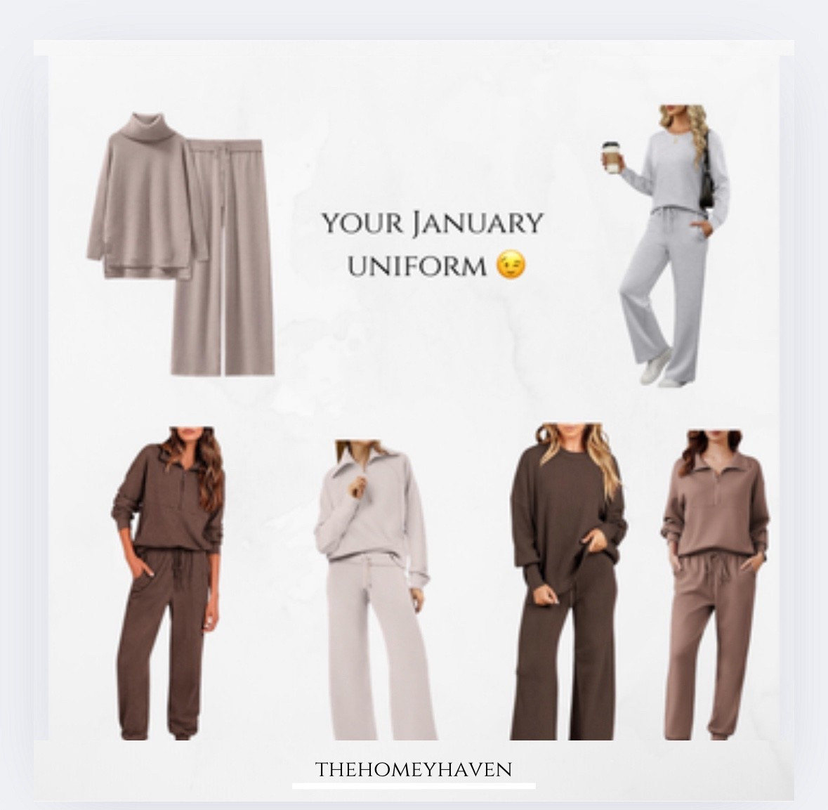 Here’s your easy and affordable January uniform! Whether you run out to an errand or cooking qnd lounging around the house your outfit is comfy and ready to go!

Matching sets are on trend and so easy!

Lounge set, winter outfit, Christmas week, Christmas outfit, lounge looks, matching set, 2 piece set, travel outfit, travel looks 

#LTKHoliday #LTKTravel #LTKFindsUnder50

#LTKootd #LTKgrwm #LTKFindsUnder50