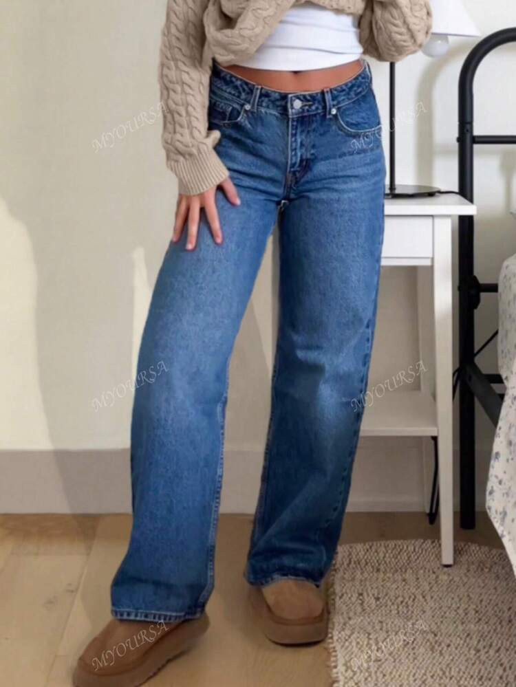 MYOURSA Jeans De Pierna Recta De Tiro Bajo Lavados, De Ajuste Holgado, Para Uso Casual, Trabajo Y Diario Para Mujeres, Color Azul Oscuro | SHEIN