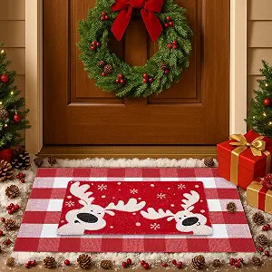 2-Piece Christmas Door Mat Combo Set - Reindeer Coir Doormat 17"x30" + Red White Buffalo Plaid Ru... | Amazon (US)