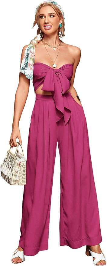 SweatyRocks Women's Sexy 2 Piece Outfits Sleeveless Tie Front Crop Top Wide Leg Pants Sets | Amazon (US)