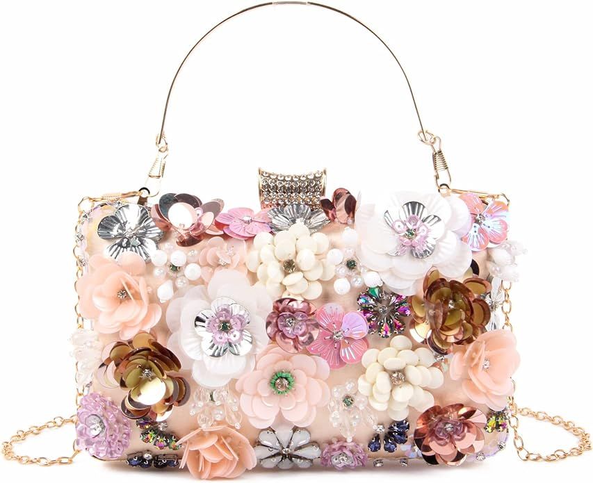 Women's Floral Evening Handbags Colorful Rhinestone Clutch Purses Floral Bride Wedding Handbag Ch... | Amazon (US)
