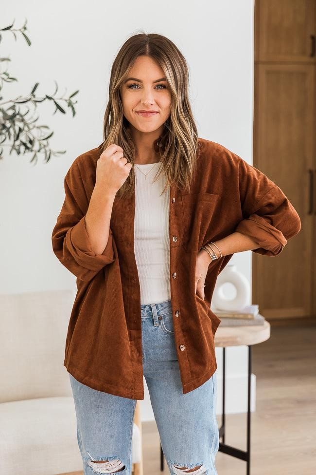 DARYL-ANN DENNER X PINK LILY Madison Jersey Lined Rust Cord Shacket | The Pink Lily Boutique