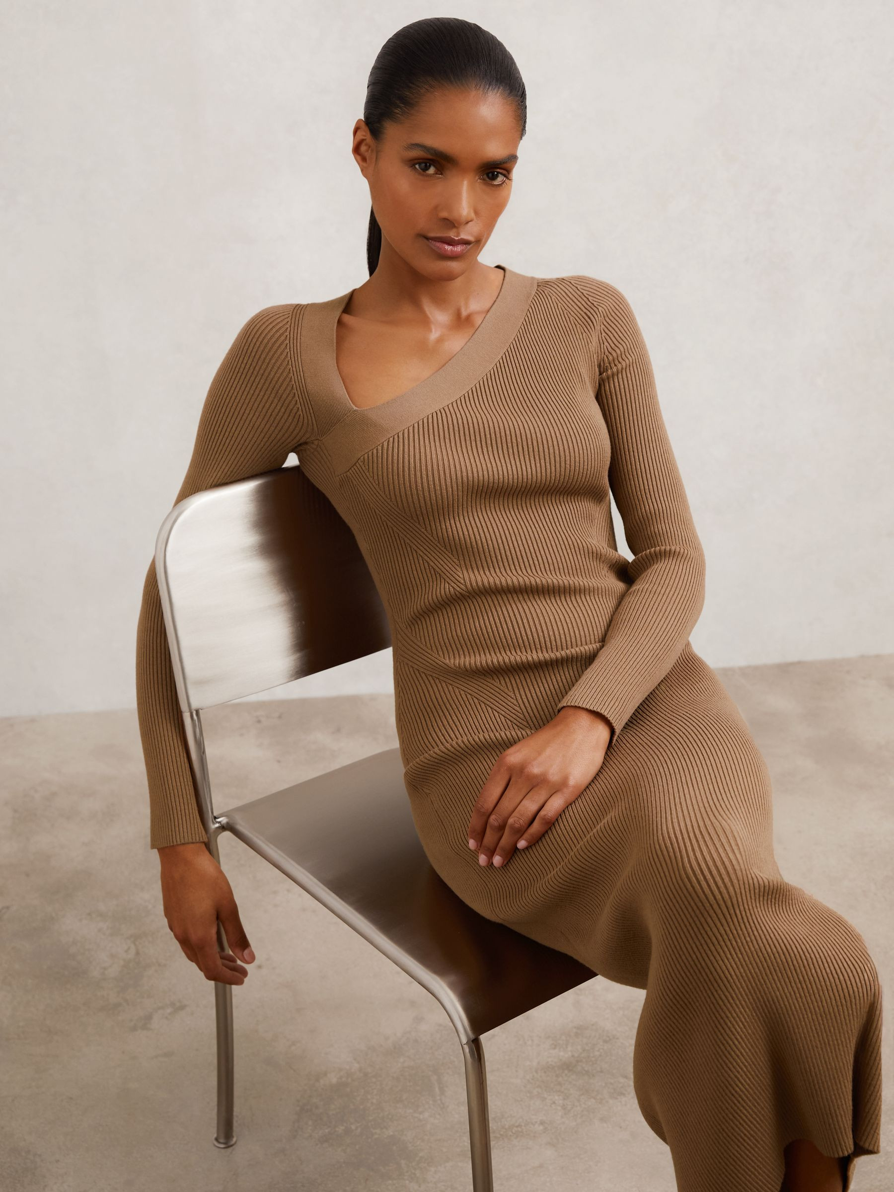 Reiss Asymmetric-Neck Rib-Knit Midi Dress in Camel - REISS | Reiss UK