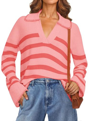 MEROKEETY Women's 2024 Fall Oversized Striped Sweater Collared V Neck Long Sleeve Trendy Knit Pul... | Amazon (US)