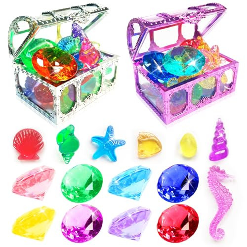 cntjv 60+ Pcs Diving Gems Pool Toys Big Colorful Diamonds Set with Treasure Chest Swim Dive Toys for Kids Underwater Gemstone Swimming Training Gift Water Pool Sinking Games(Silver and Purple) | Amazon (US)