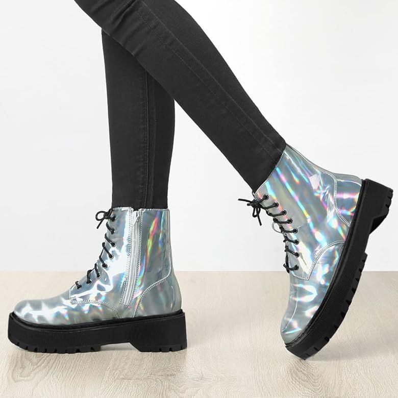 Allegra K Women's Round Toe Platform Lace Up Colorful Combat Ankle Boots | Amazon (US)