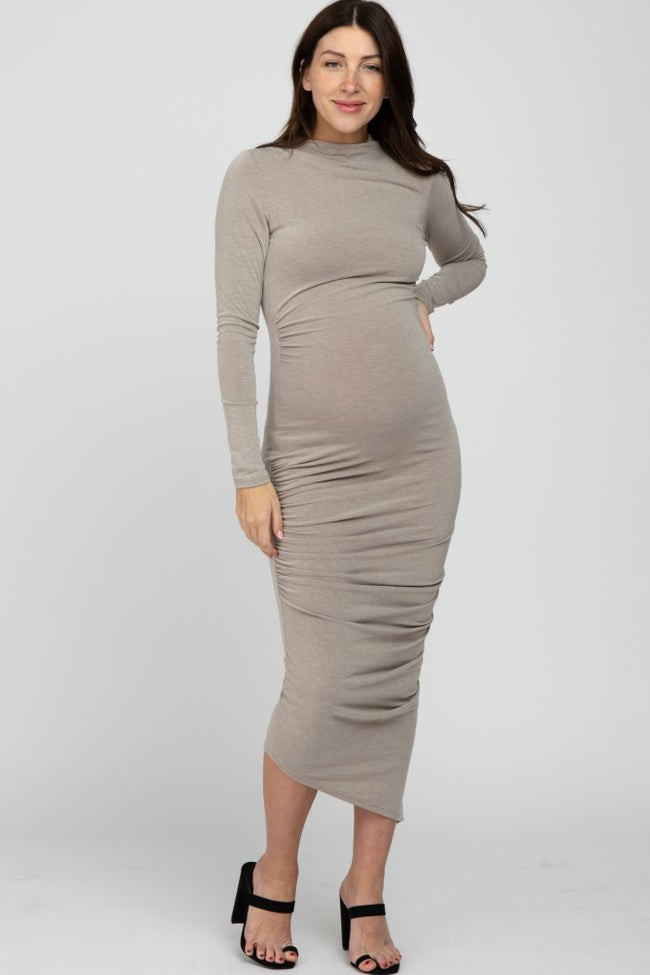 Mocha Ruched Side Mock Neck Fitted Maternity Midi Dress | PinkBlush Maternity
