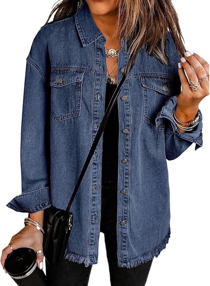 Vetinee Women's Oversized Button Up Frayed Hem Denim Shacket Jean Jacket | Amazon (US)