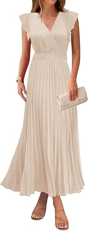 KIRUNDO Women's Summer Maxi Dresses Elegant V Neck Ruffle Flutter Sleeves Empire Waist Pleated Fl... | Amazon (US)