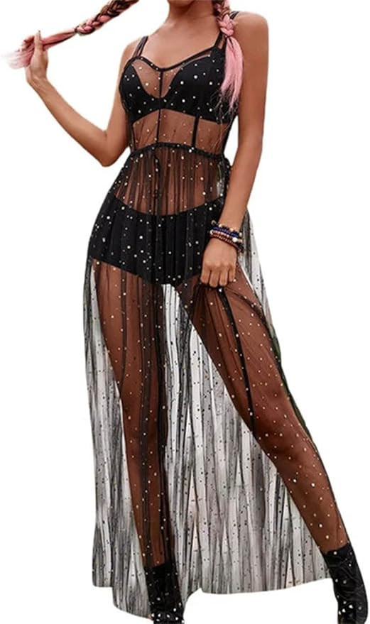GRAEEN Sheer Mesh Dress Sleeveless See Through Dress Maxi Cover Ups Glitter Sequin Dress Party Ra... | Amazon (US)