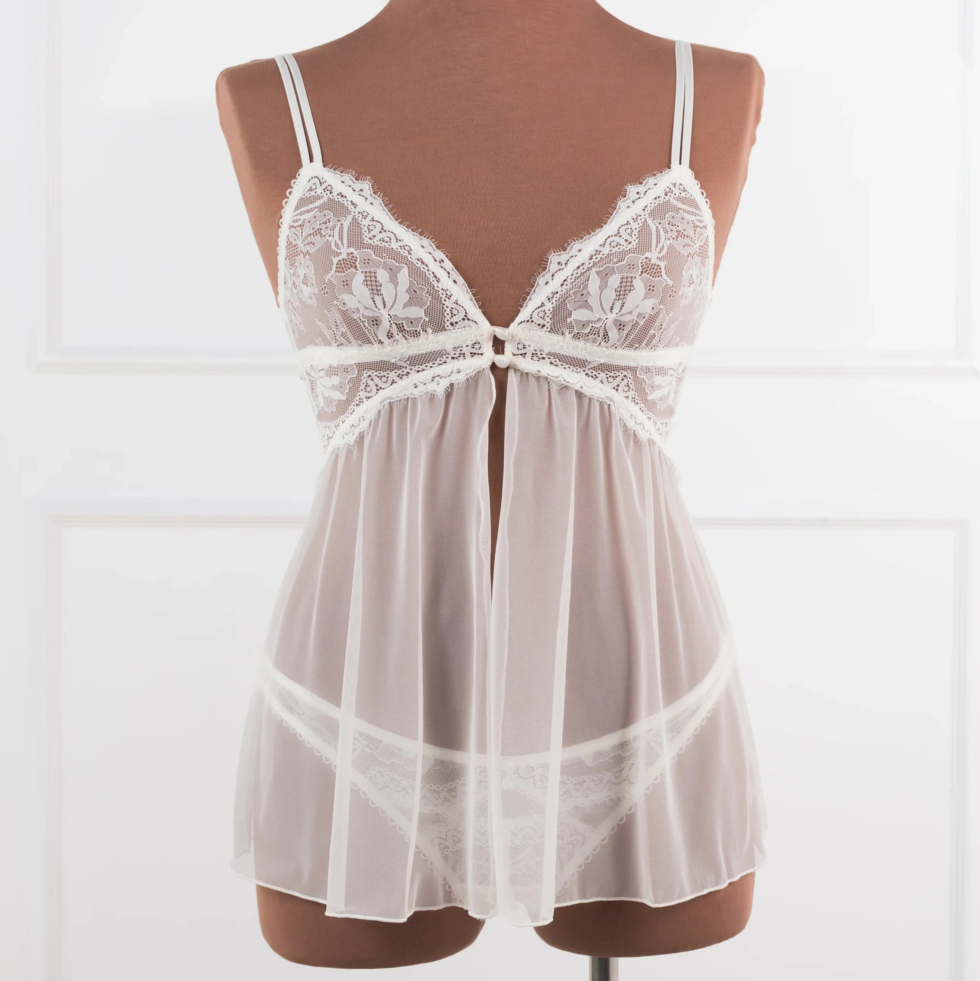 Lace & Mesh Button Babydoll - Pearl | Mentionables