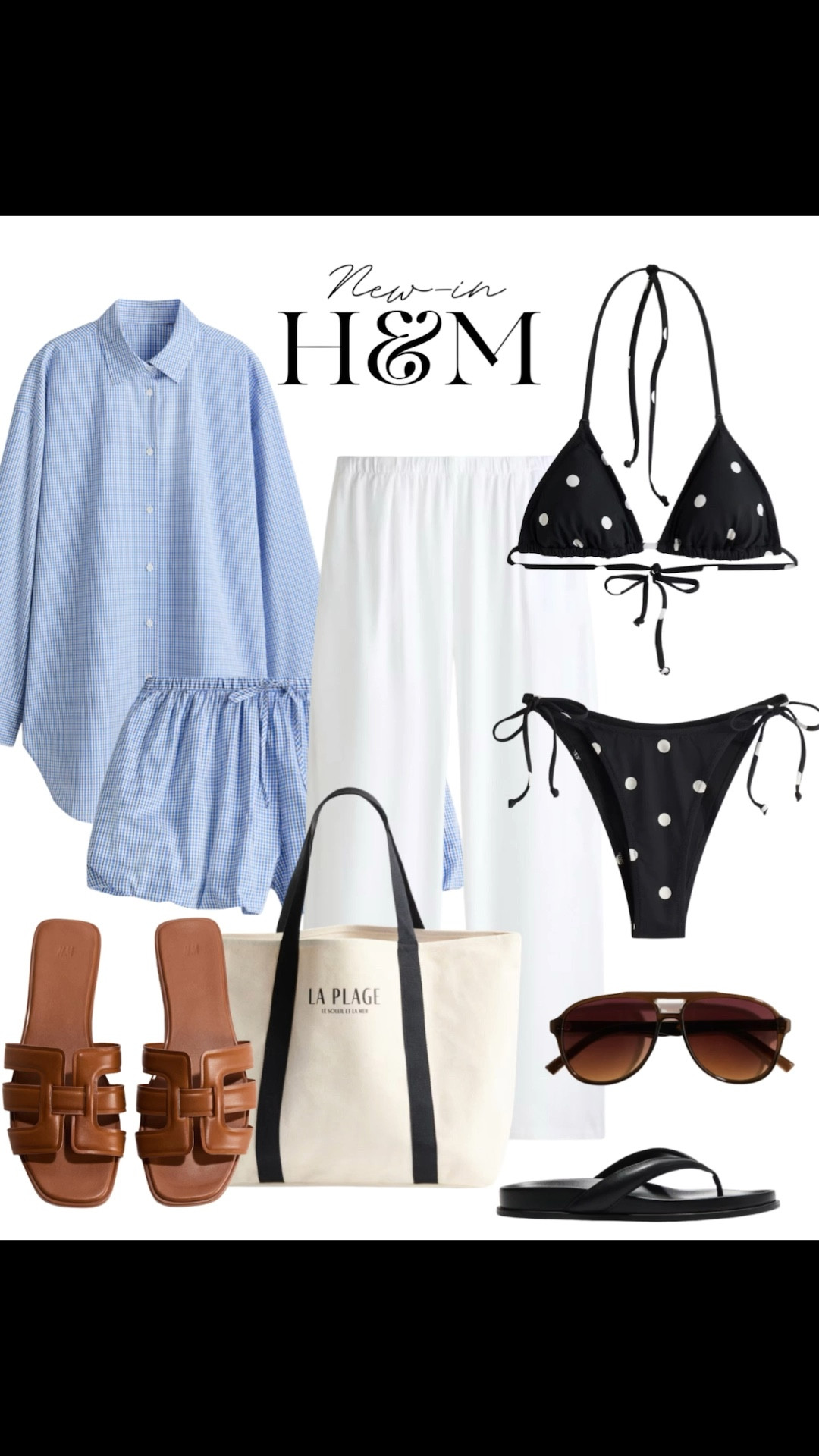 New-in H&M beach edit 🌊

Tags: vacation capsule, matching beach set, polka dot bikini, linen pants, slide sandals, aviator sunglasses, beach tote bag, summer outfit, travel looks 