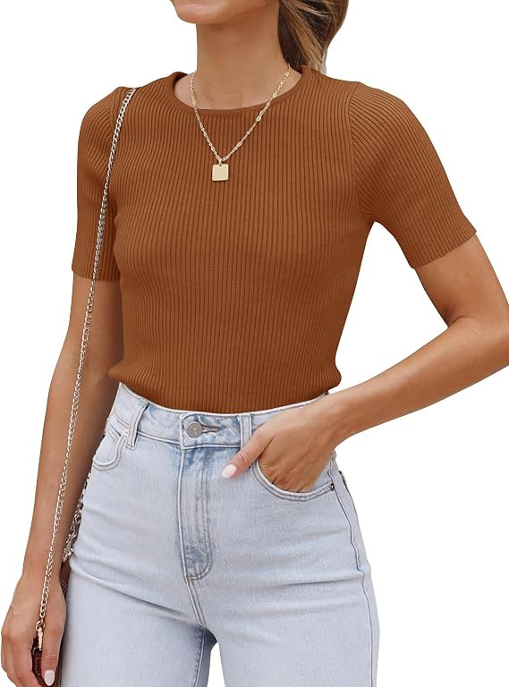 ZESICA Women's Short Sleeve Sweater Tops 2025 Summer Crewneck T Shirt Ribbed Knit Slim Fit Basic ... | Amazon (US)