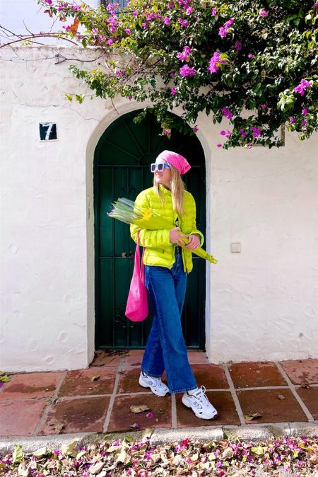 Happy Colors. Fashion Blogger Girl by Style Blog Heartfelt Hunt. Girl with blond hair wearing a neon green puffer jacket, pink headscarf, blue sunglasses, pink crochet bag, wide leg jeans and New Balance sneakers. #colorfuloutfit #colorfulstyle #colorfulfashion #colorfullooks #fashionfun #cutespringoutfit #springfashion2023 #springlookbook #fitcheck #dailylooks #dailylookbook #contentcreator #microinfluencer #discoverunder20k