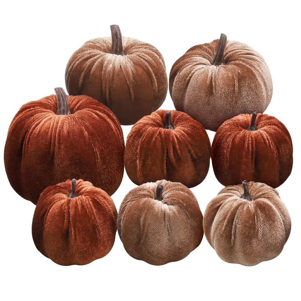 Woration 8pcs Artificial Velvet Fabric Pumpkins Fake Decorative Brown & Champagne Pumpkins Decora... | Amazon (US)
