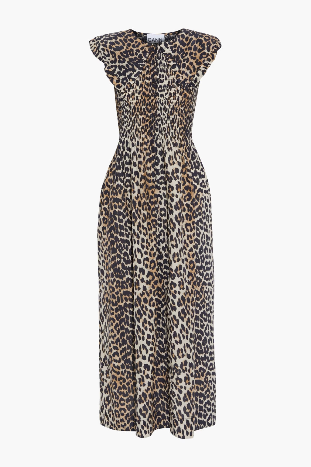Animal print Shirred leopard-print cotton and silk-blend midi dress | GANNI | THE OUTNET | The Outnet (US and CA)
