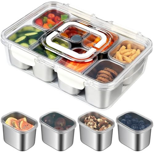 Snackle Box Container, Stainless Steel Divided Serving Tray with Lid and Handle, 8 Compartment Portable Snack Platters - Clear Storage Organizer for Fruit Candy Nuts Veggie - Perfect for Travel Party | Amazon (US)