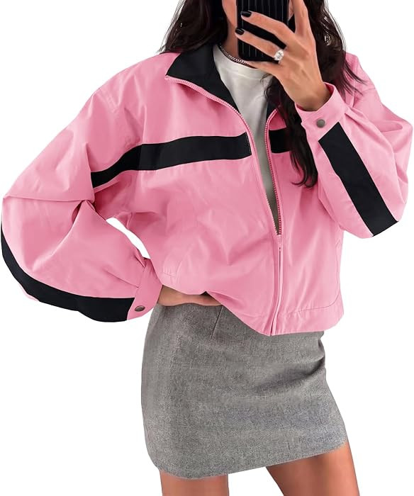 Fisoew Womens Cropped Zip Up Jacket Lightweight Windbreaker Casual Coat | Amazon (US)