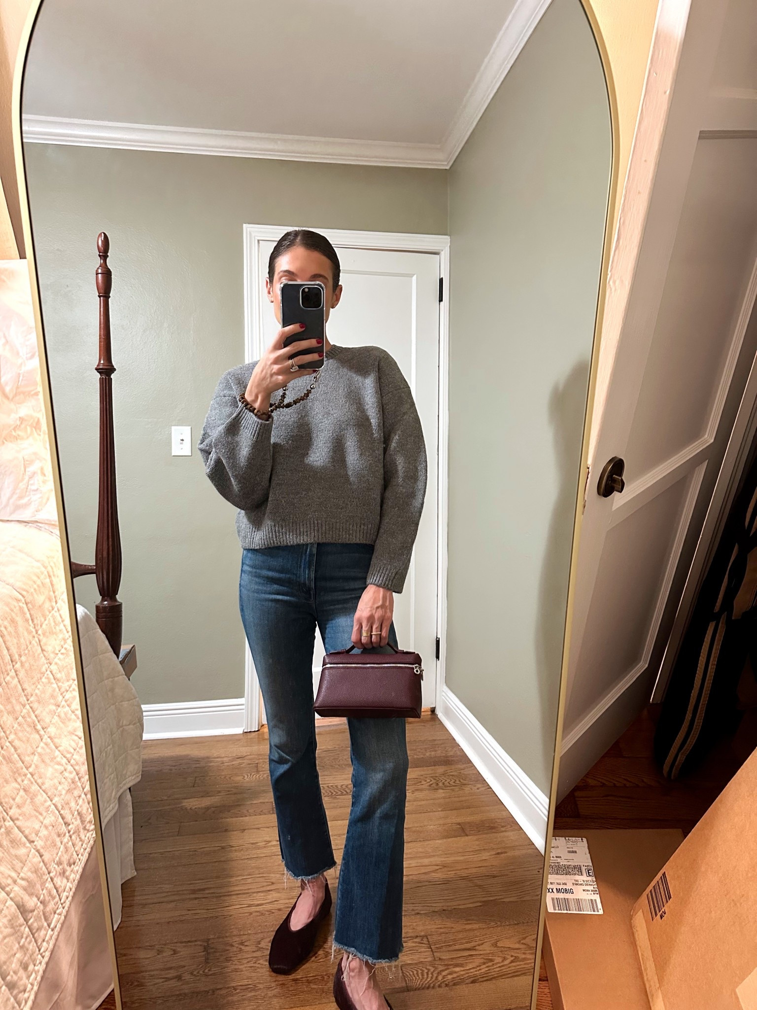 Christmas Eve Eve fit - burgundy is my winter color of the year

Amazon purse, Amazon finds, Madewell flats, Mango sweater, Mother denim