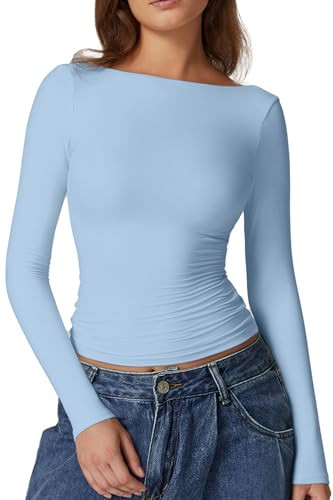 QINSEN Women's Sexy Open Back Long Sleeve Shirts High Neck Double Lined Tees Fitted Going Out Tops Light Blue XS | Amazon (US)