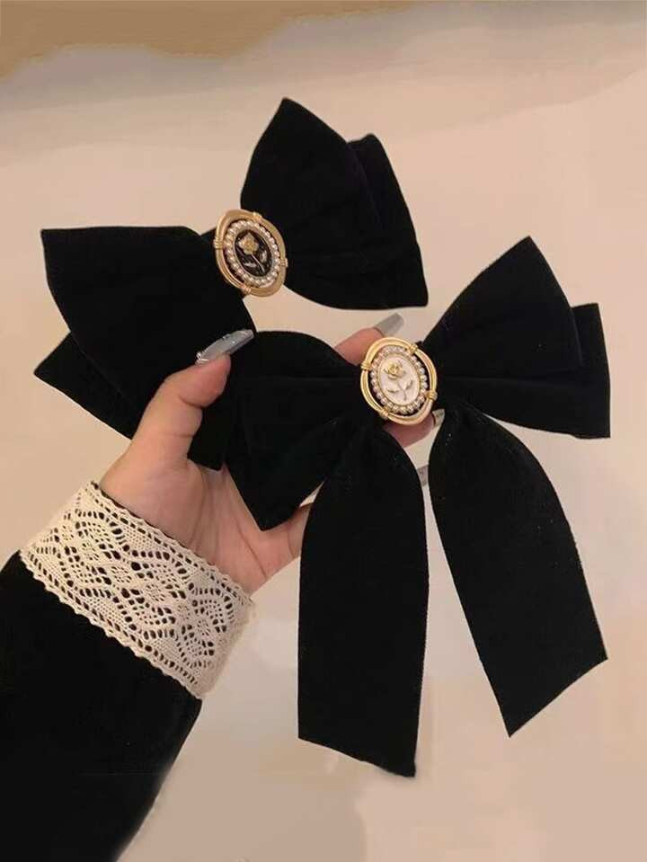 2pcs/set Women's Black Velvet Rose Flower Hair Clip With Streamer Decoration | SHEIN