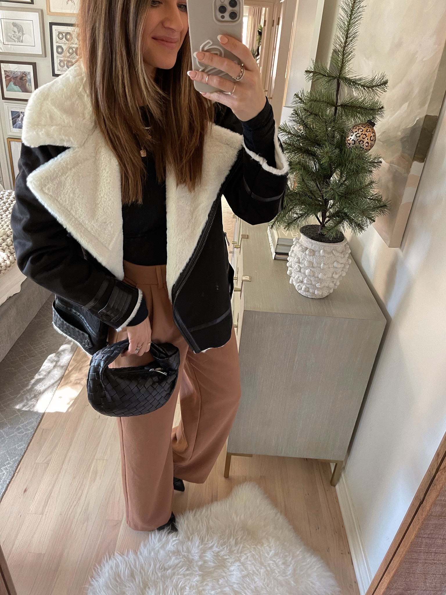 Another way to style these trousers for a cozy + chic 'fit. Wearing an XS in jacket, S in top & my true size in trousers. Booties fit TTS // Walmart, Walmart jacket, Walmart style, Abercrombie, winter outfit, winter style, winter trends, winter fashion, neutral outfit