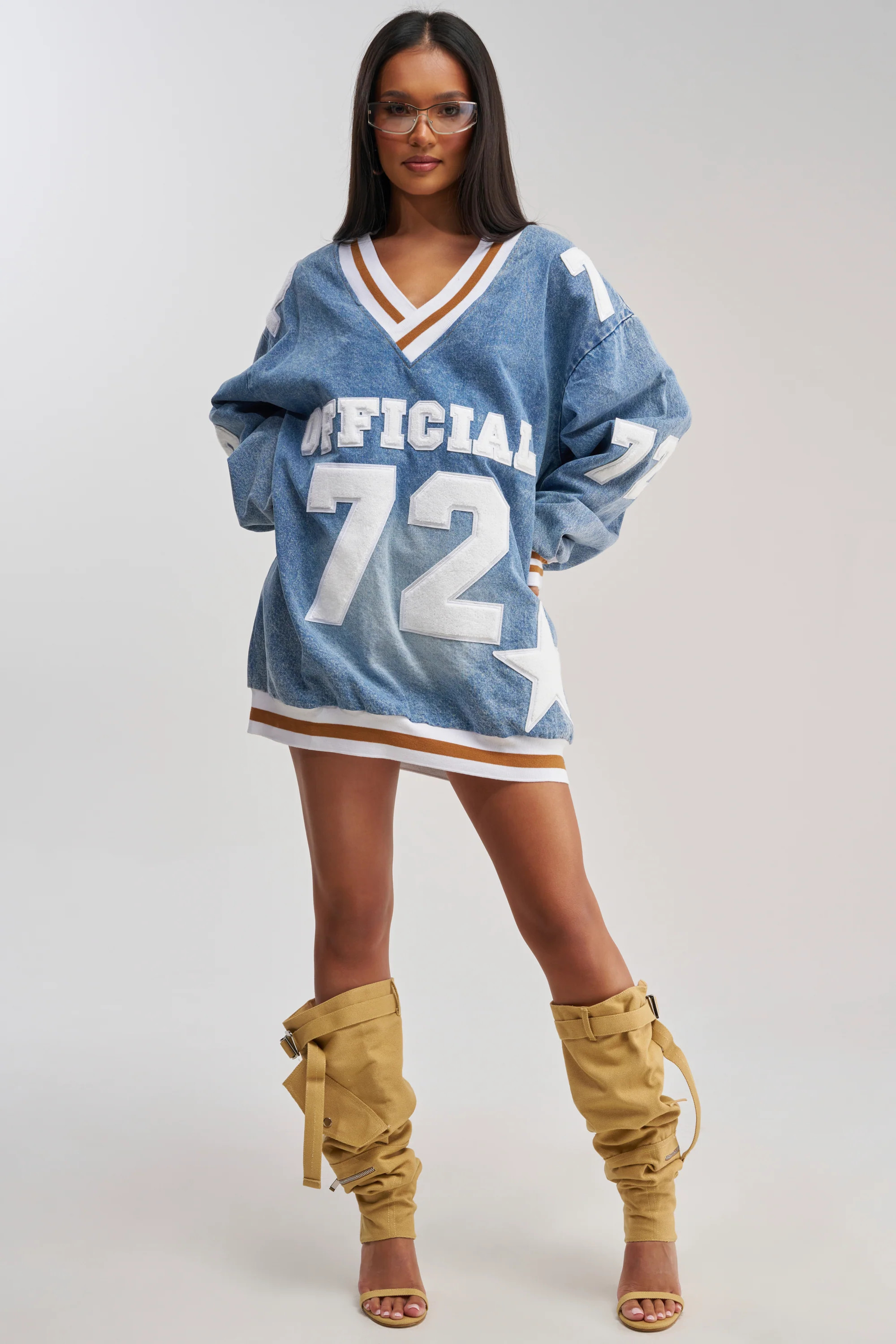 AKIRA Player For You Denim Jersey Mini Dress | Light Blue | Size Large/XL | AKIRA