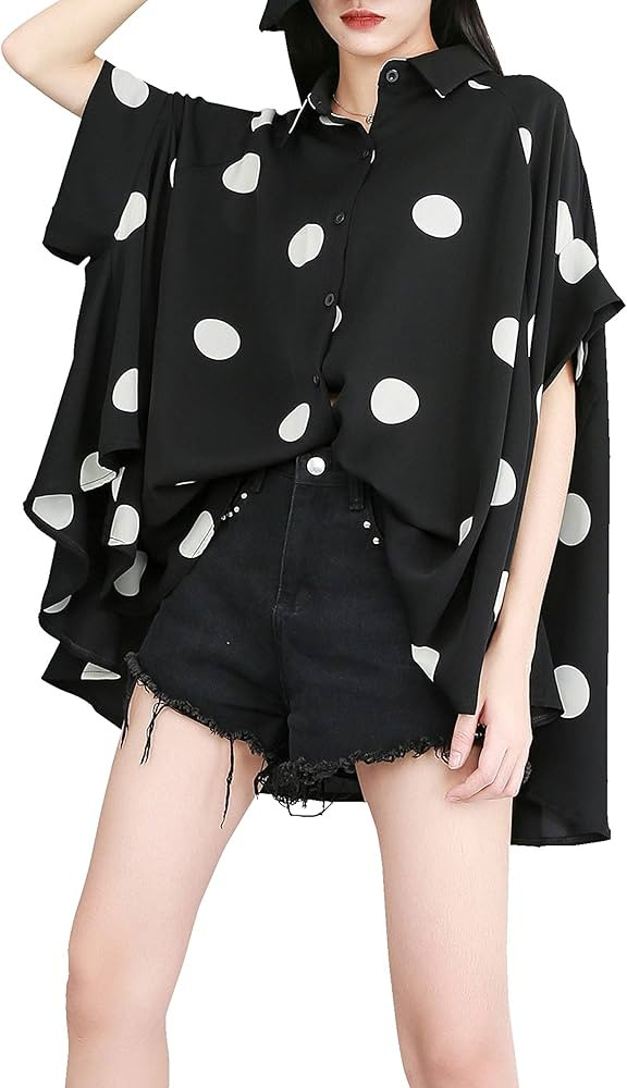 ellazhu Women's Batwing Sleeve Polka Dot Printed Button Down Blouse Oversized Shirt Top for Summe... | Amazon (US)