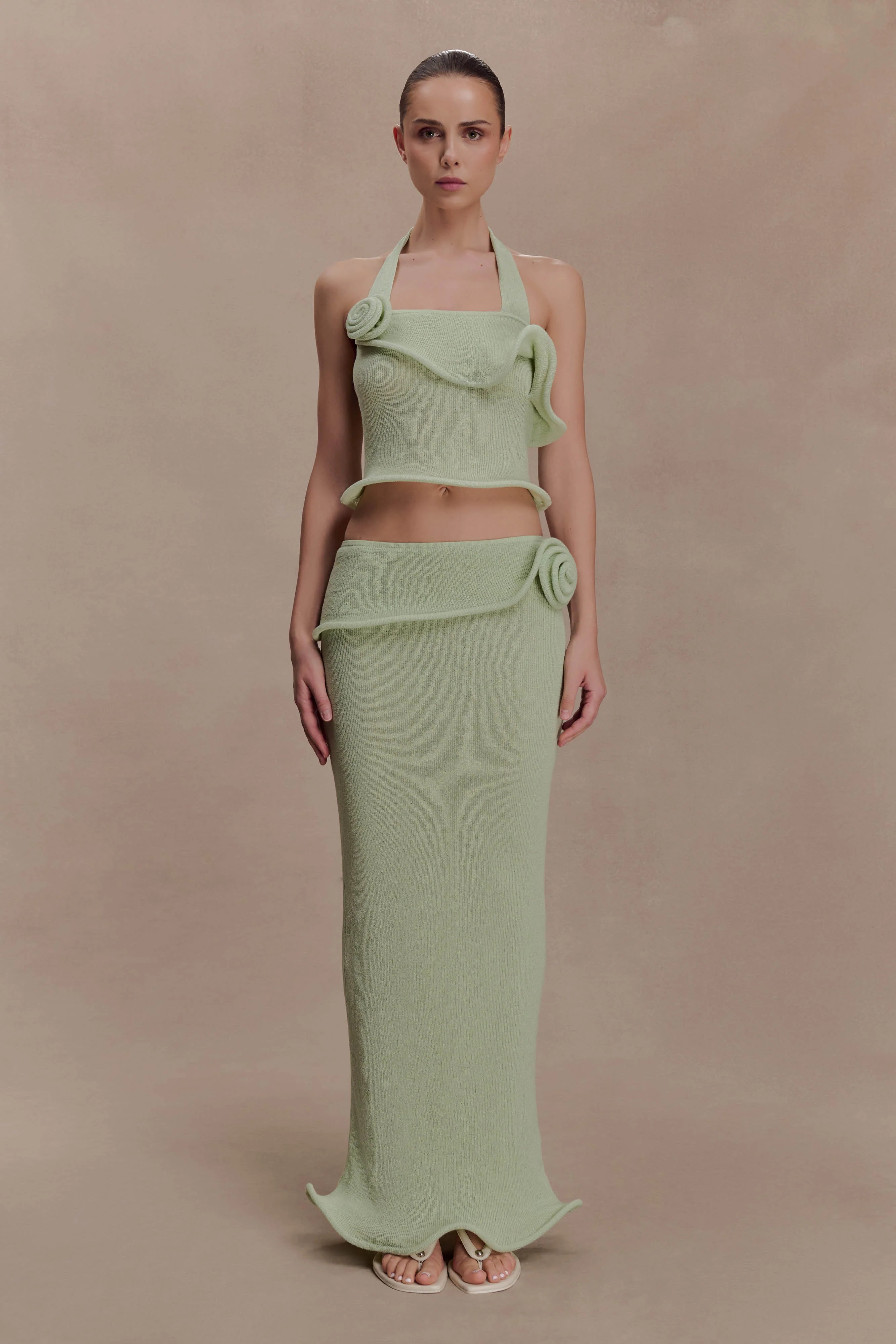 Samira Knit Wired Maxi Skirt - Pastel Green | MESHKI US