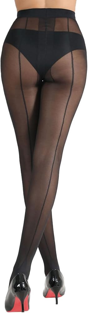 HONENNA Backseam Sheer Tights for Women T Crotch Cuban Heel Black Pantyhose 20D Control Top Stock... | Amazon (US)