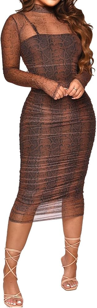 Fastkoala Women Sexy Long Sleeve Printed Sheer Mesh Bodycon Midi Dress See Through Slim Fit Party... | Amazon (US)
