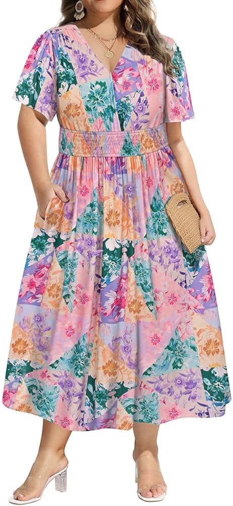 CARCOS Plus Size Dresses for Curvy Women V Neck Summer Maxi Dress Short Sleeve Floral Boho Dress ... | Amazon (US)