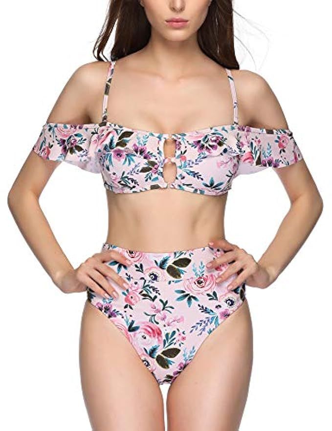 Verano Playa Women Bikini Swimsuits Two Piece Off Shoulder Bandeau Ruffled Top High Waisted Bottom B | Amazon (US)