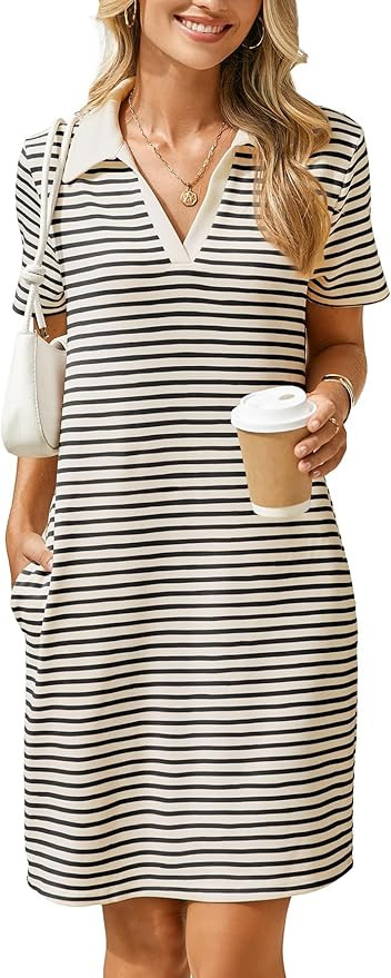 Glamaker Women T Shirt Summer Dress Casual Business Mini Loose V-Neck Short Sleeve Striped Dresse... | Amazon (US)