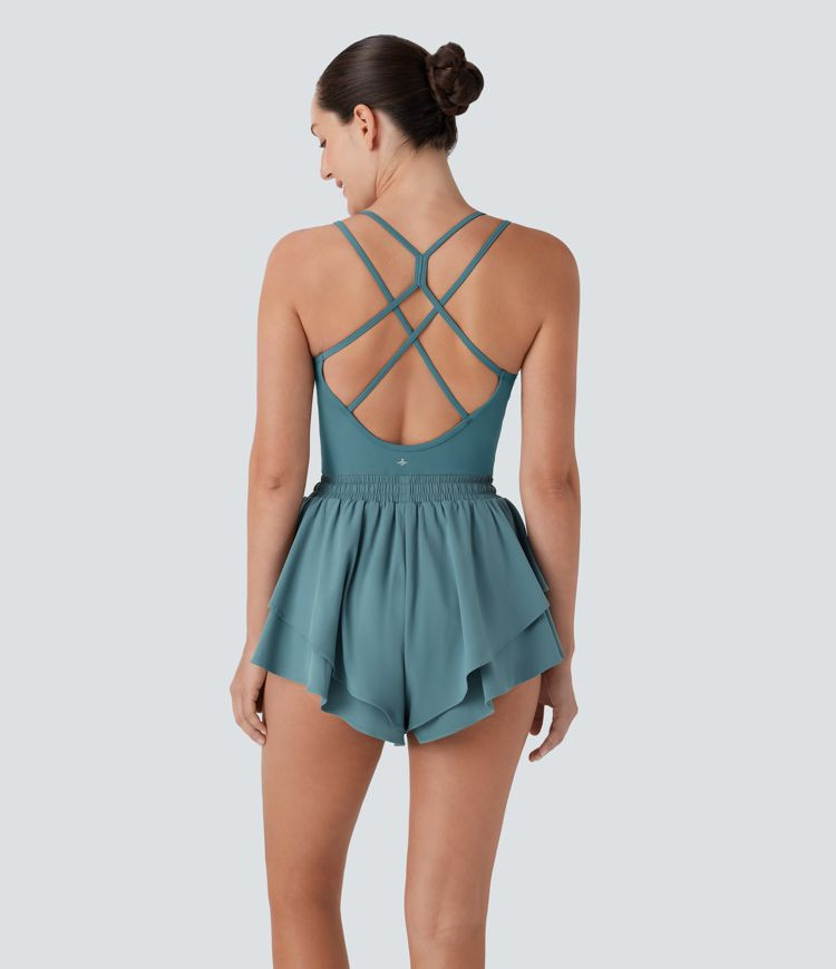 Women’s Breezeful™ Double Straps Backless Crisscross Drawstring Layered 2-in-1 Quick Dry Yoga... | HALARA