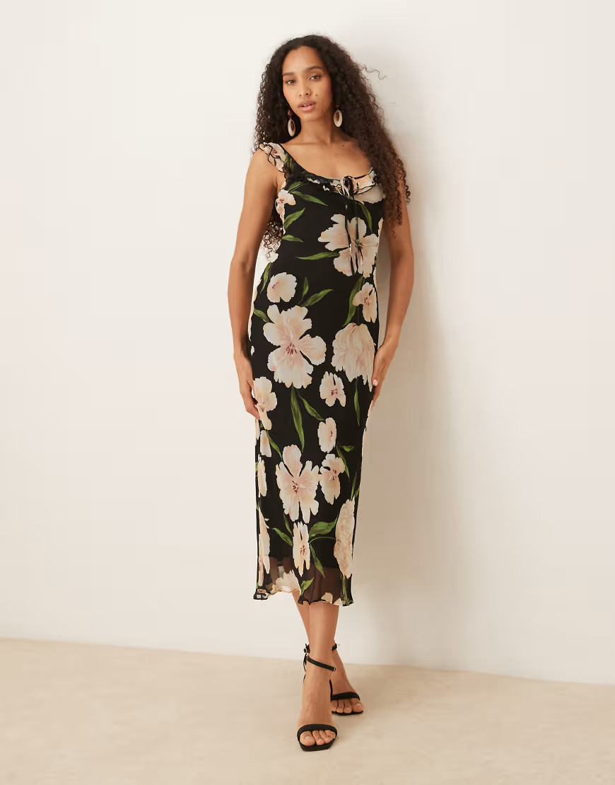Mango ruffle trim sleeveless maxi dress in dark based floral print-Black | ASOS (Global)