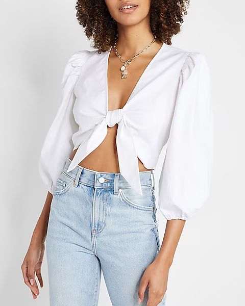 Linen-Blend Tie Front Puff Sleeve Cropped Top | Express