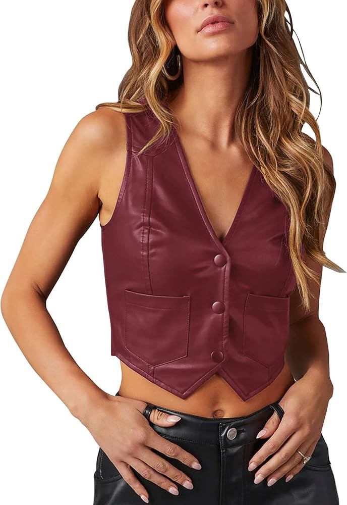 Fallorchid Women's Button Up Sleeveless Vest Crop Tops Sexy V Neck Faux Leather Jacket Waistcoat | Amazon (US)