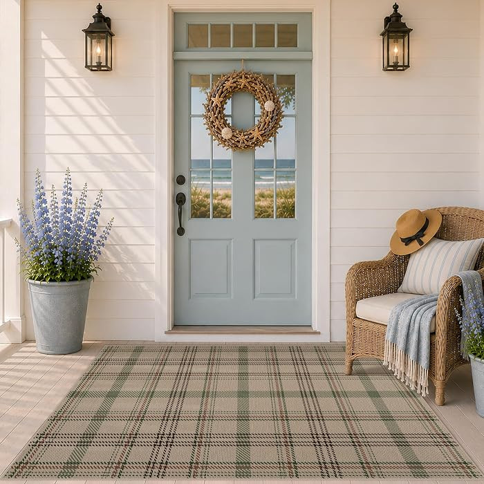 JTJ Easy Jute 3x5 Outdoor Rug for Front Porch, Washable Sage Green Plaid | Amazon (US)