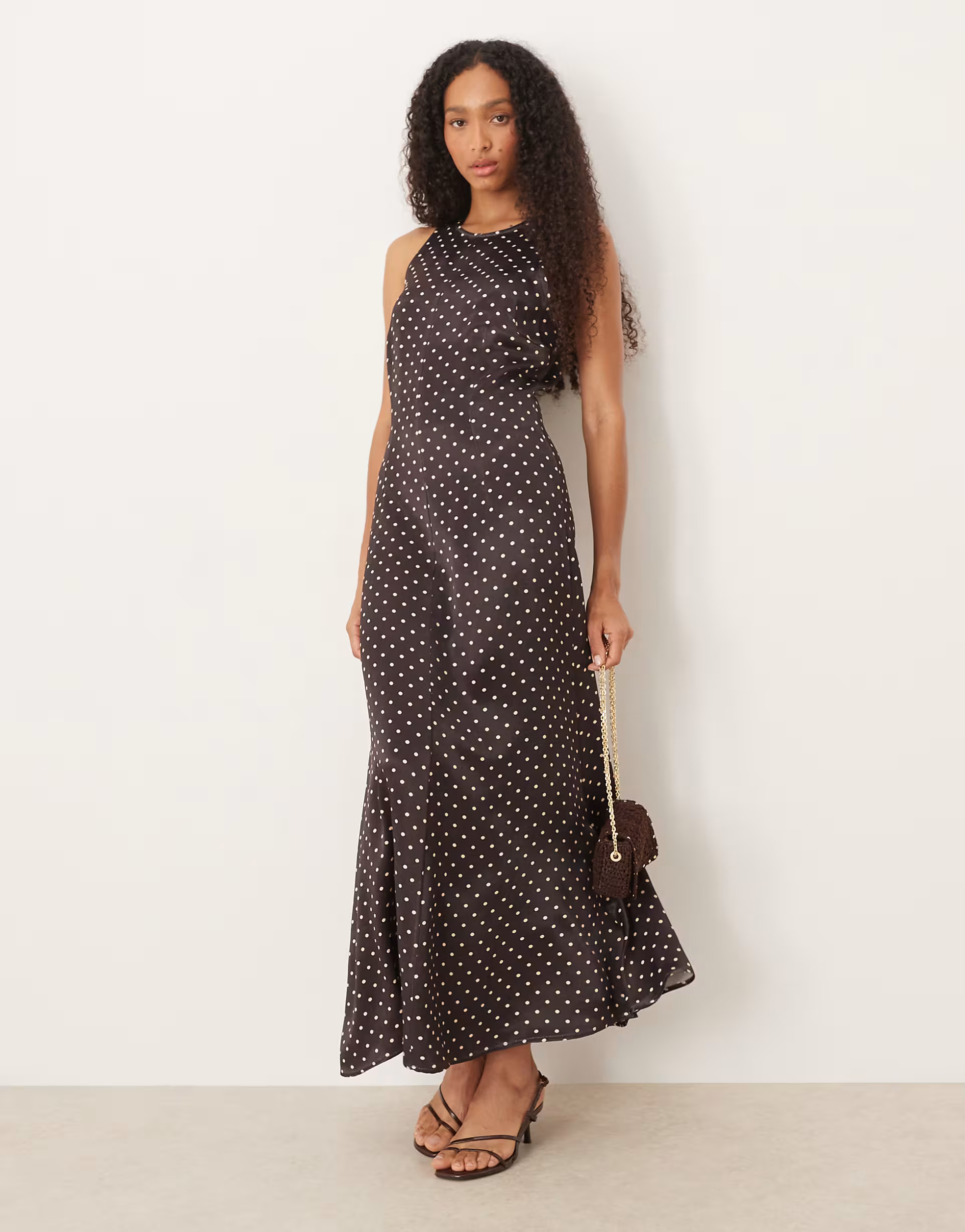 ASOS DESIGN racer satin maxi dress in chocolate spot | ASOS (Global)