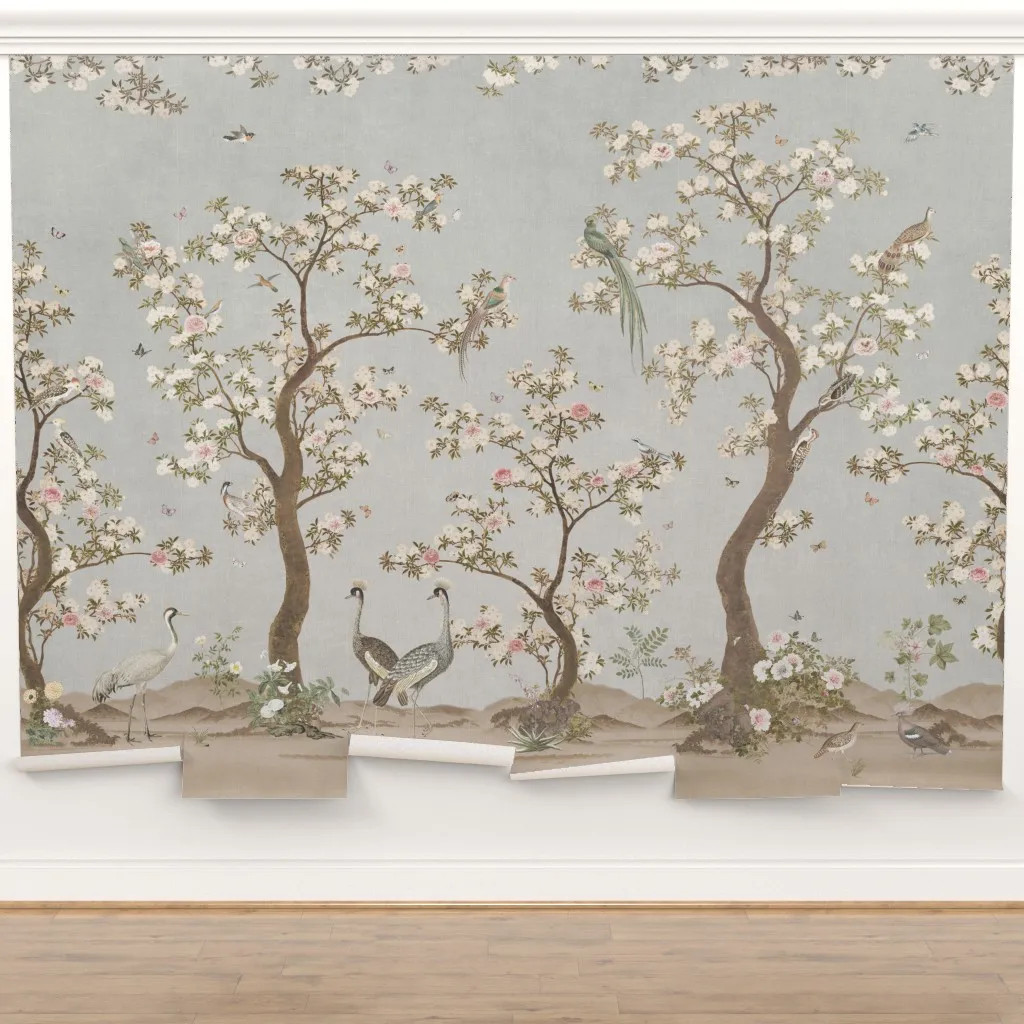 Rose - Crane birds chinoiserie blossom garden - pale blue Mural | Spoonflower
