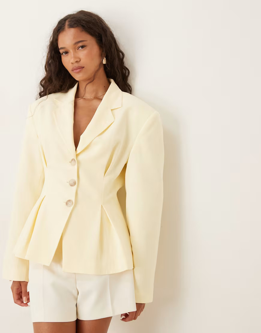ASOS DESIGN linen blend cinch waist blazer in buttermilk-Yellow | ASOS (Global)