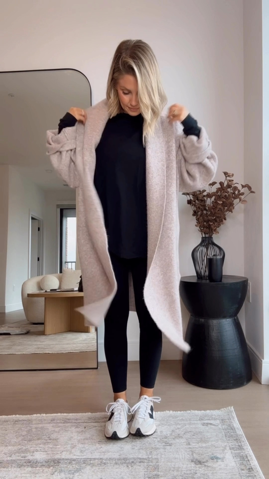 Chic, comfortable school drop off look 🖤 Size Small Zella long sleeve tee and Amazon leggings / Sweater coat is one size fits all and SO soft and warm you can wear it as a cardigan or coat! 

#LTKShoeCrush #LTKActive #LTKStyleTip